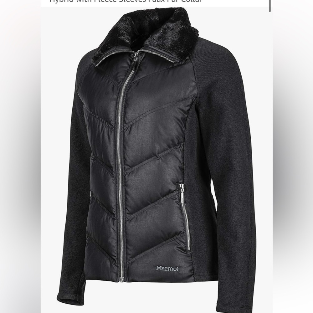 MARMOT Thea Jacket Down Insulated Hybrid with Fleece Sleeves Faux Fur Collar, XS
